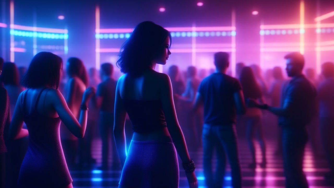 Neon-lit Nightclub Scene with Dancing Crowd
