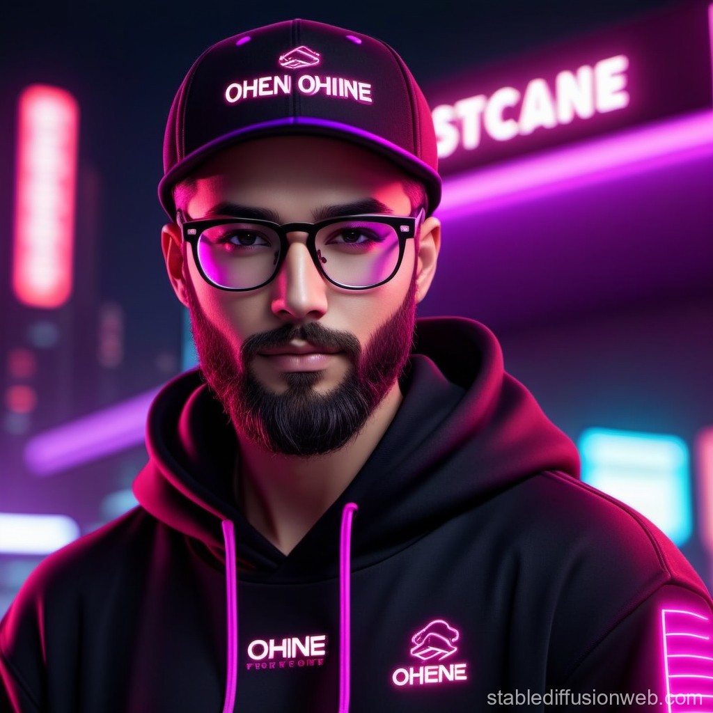 Neon-lit Portrait of a Bearded Man in Urban Nightscape