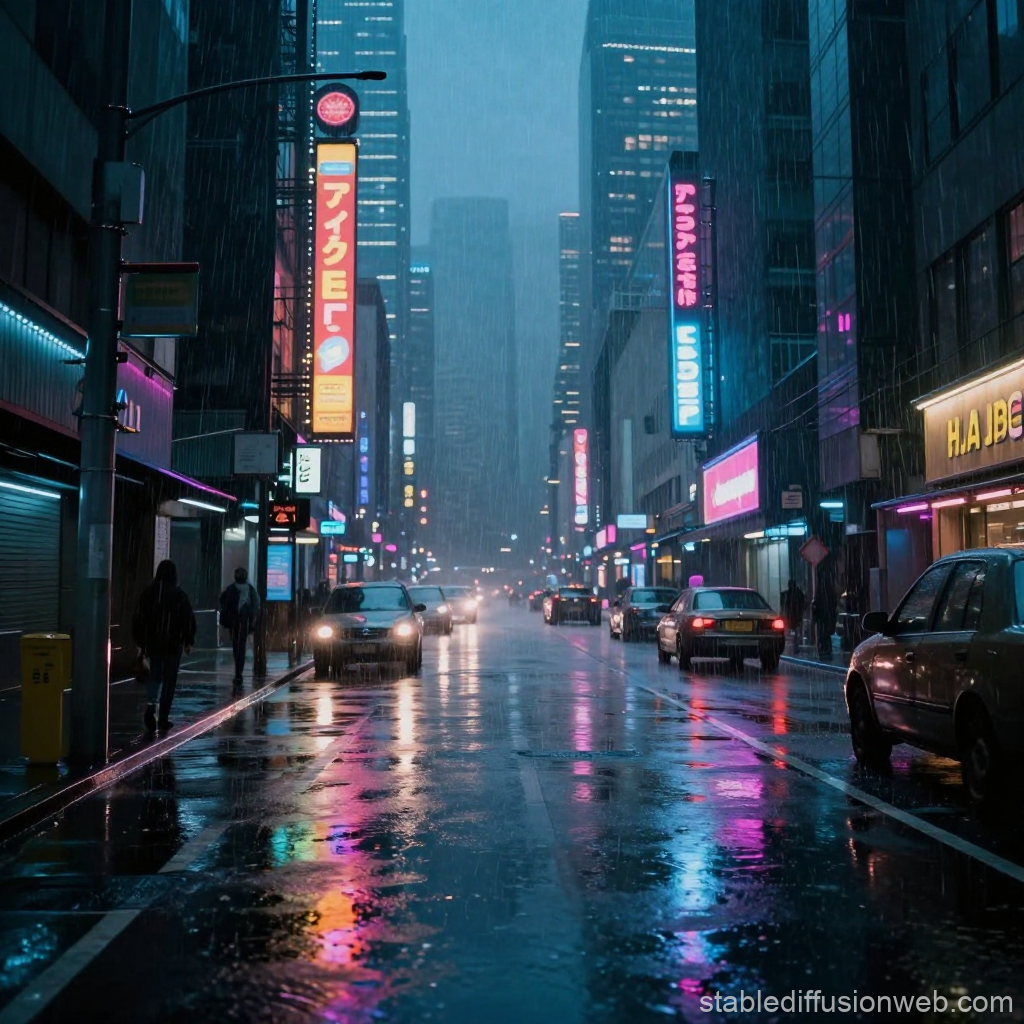 Neon-lit Rainy Street in Cyberpunk City
