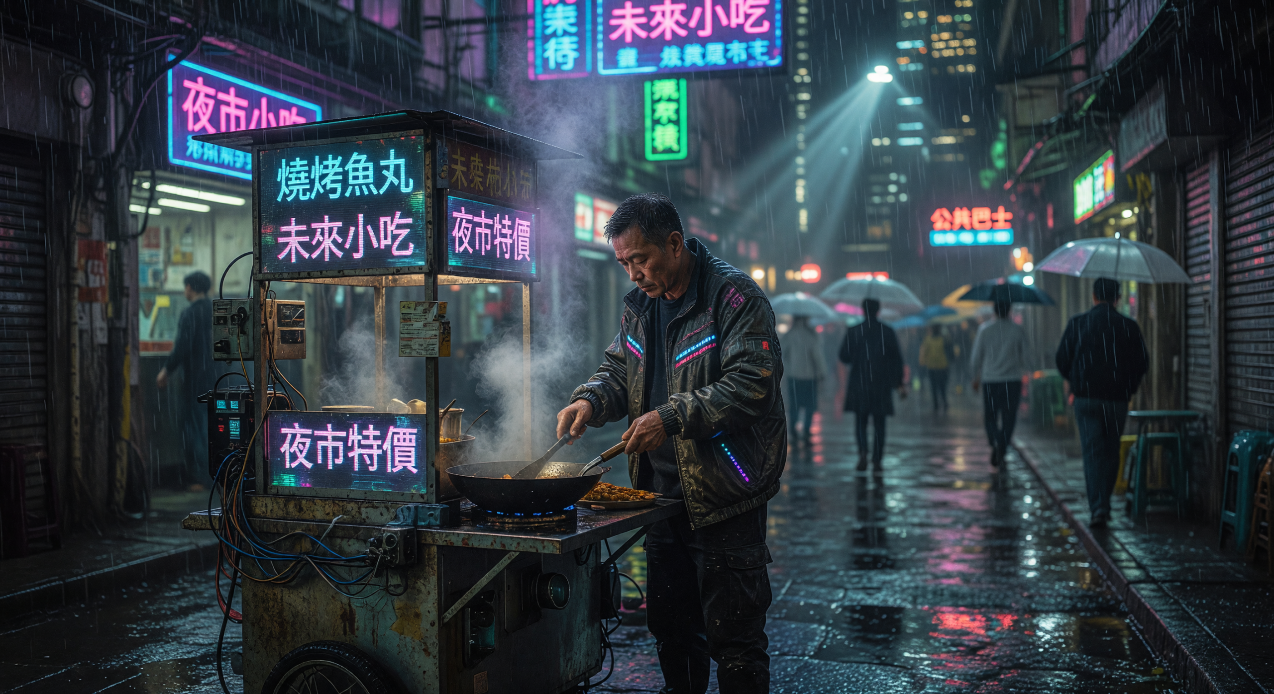 Neon-lit Street Food Vendor in Rainy Cyberpunk City
