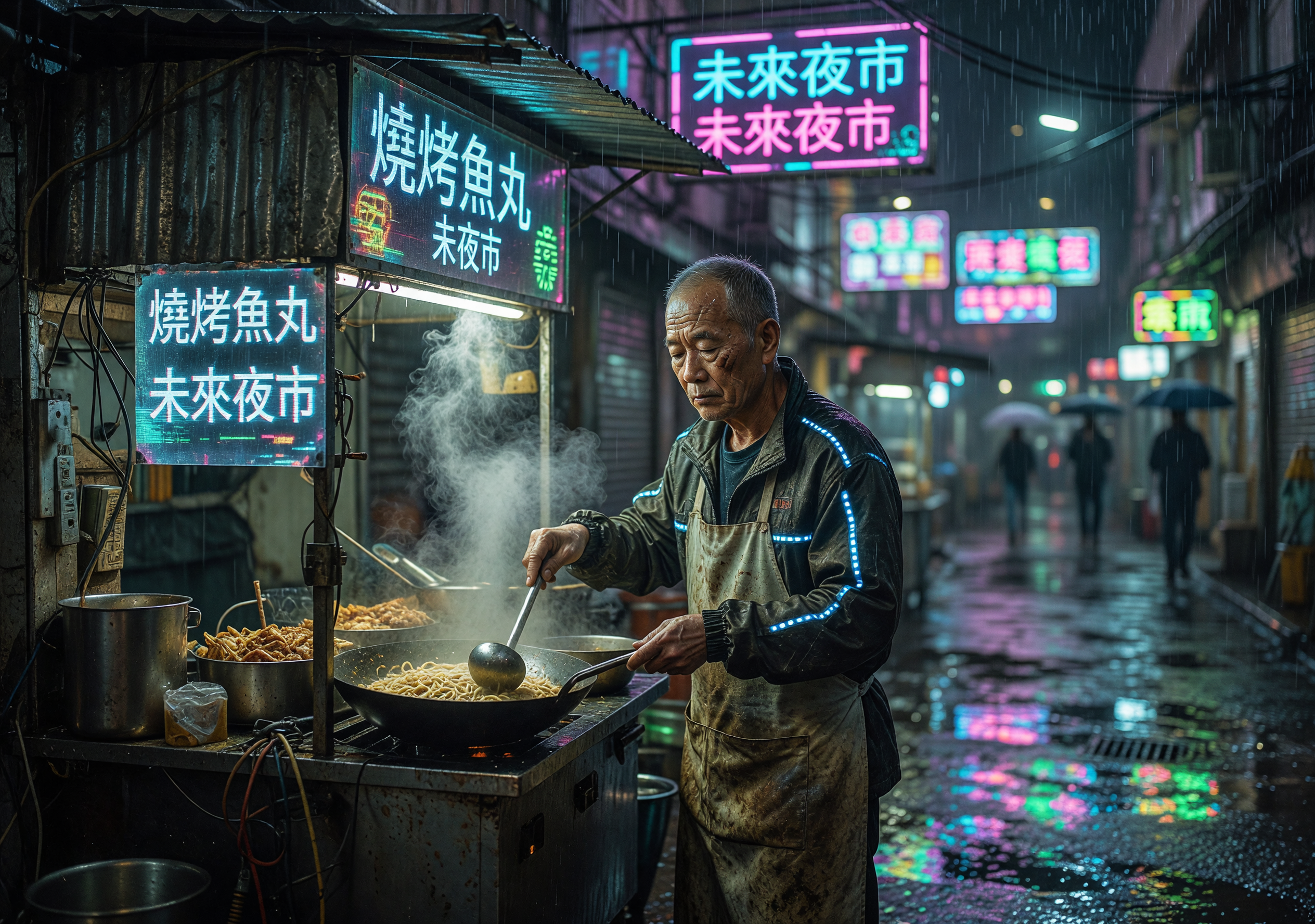 Neon-lit Street Vendor Cooking in Rainy Cyberpunk Alley