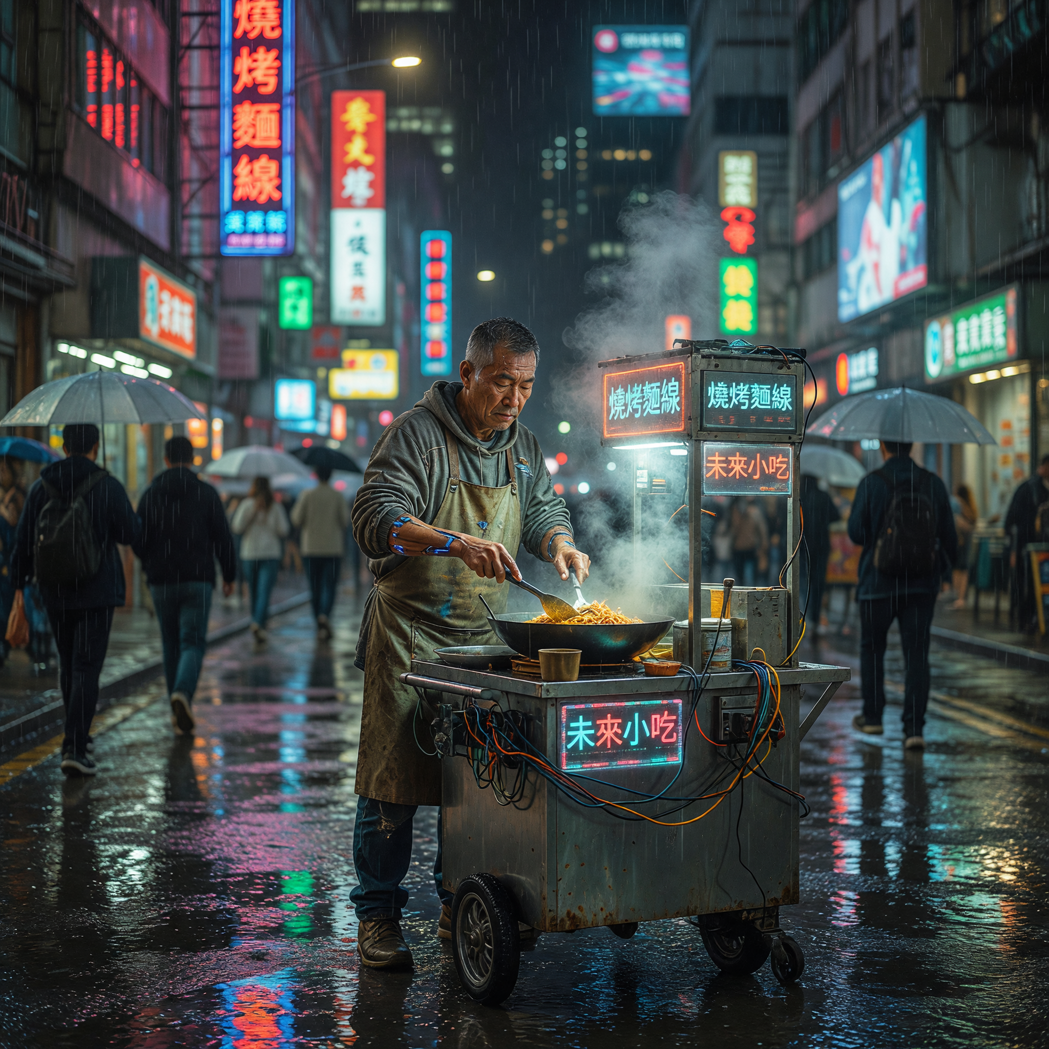 Neon-lit Street Vendor Cooking Noodles in Rainy Cyberpunk City