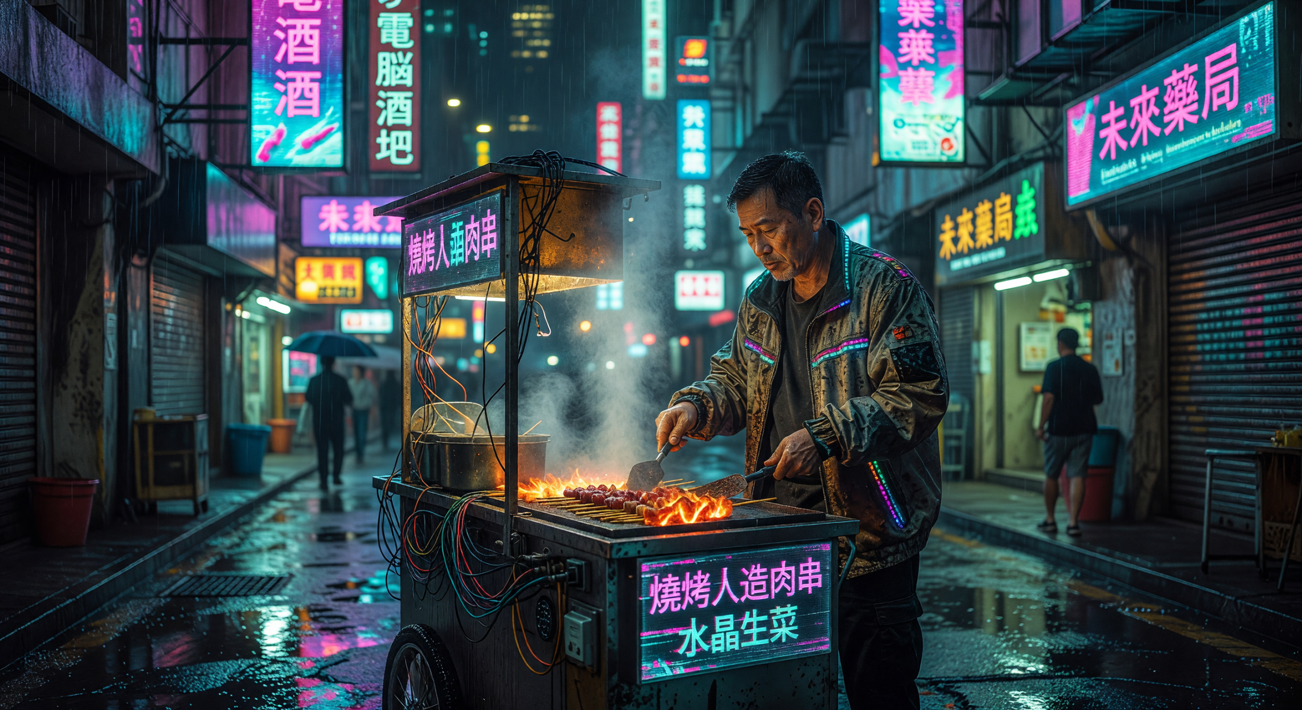 Neon-lit Street Vendor Grilling Skewers in Cyberpunk City