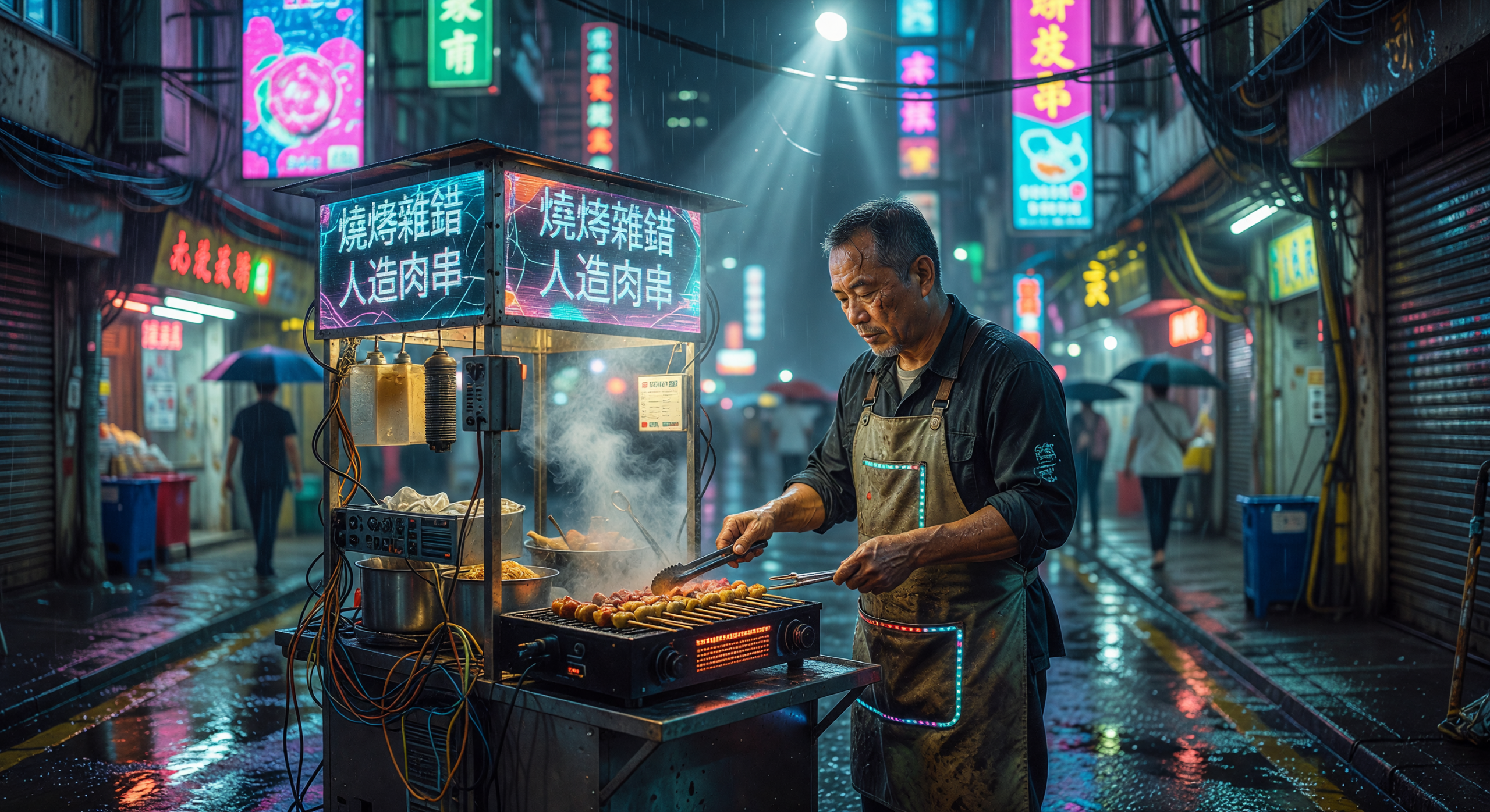Neon-Lit Street Vendor Grilling Skewers in Rainy Hong Kong