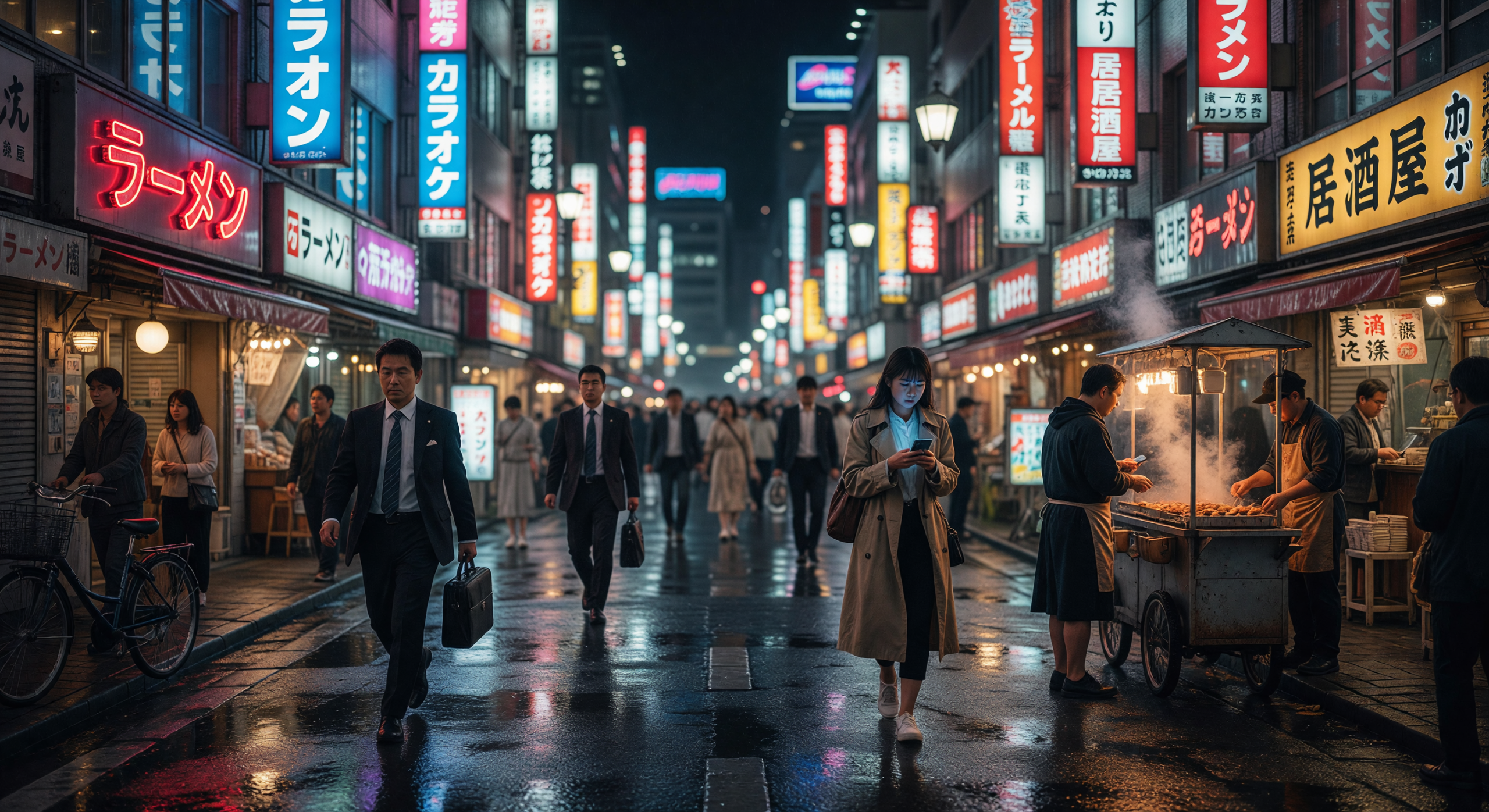 Neon-Lit Tokyo Street at Night with Busy Crowd and Food Stall