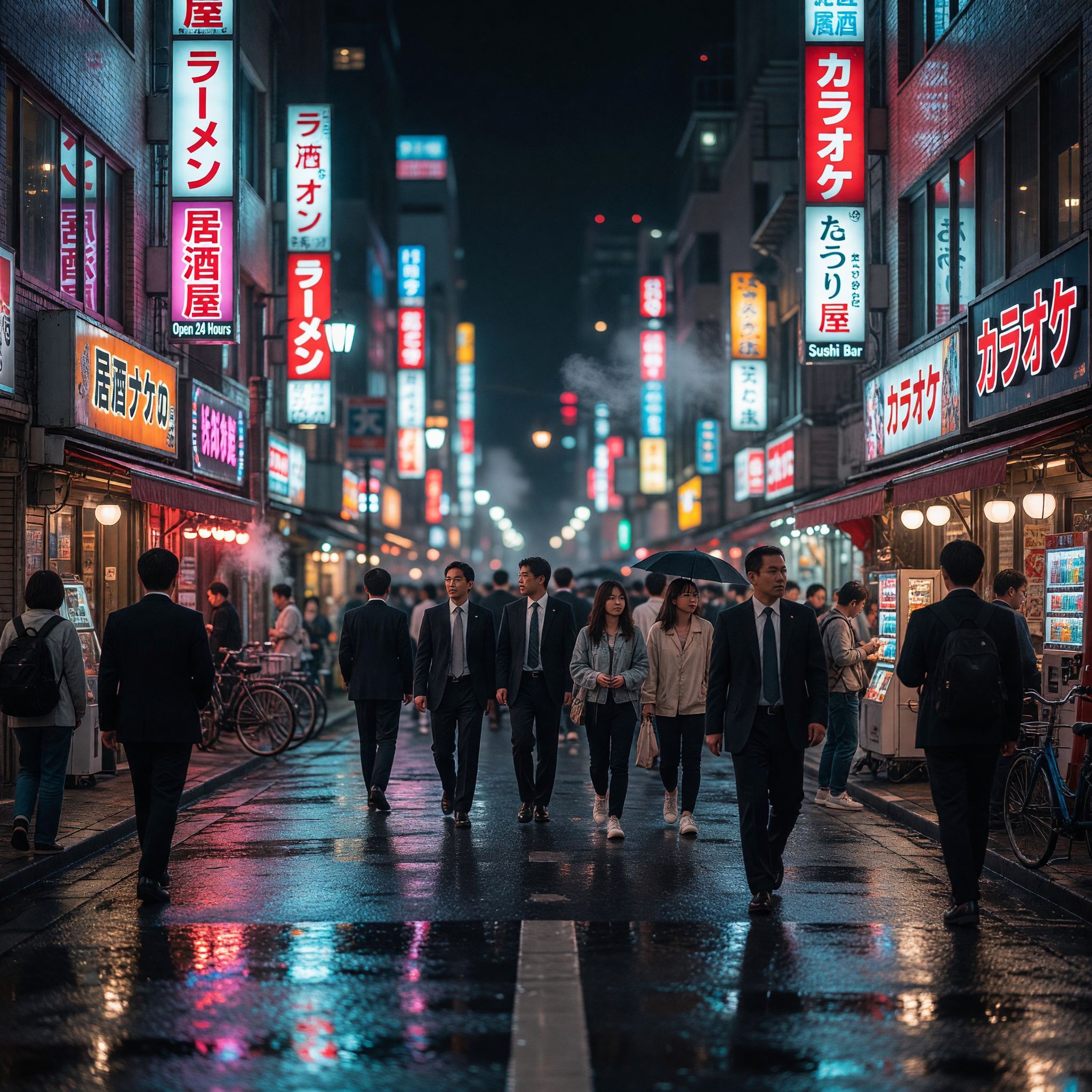 Neon-Lit Tokyo Street at Night with Crowds and Reflections