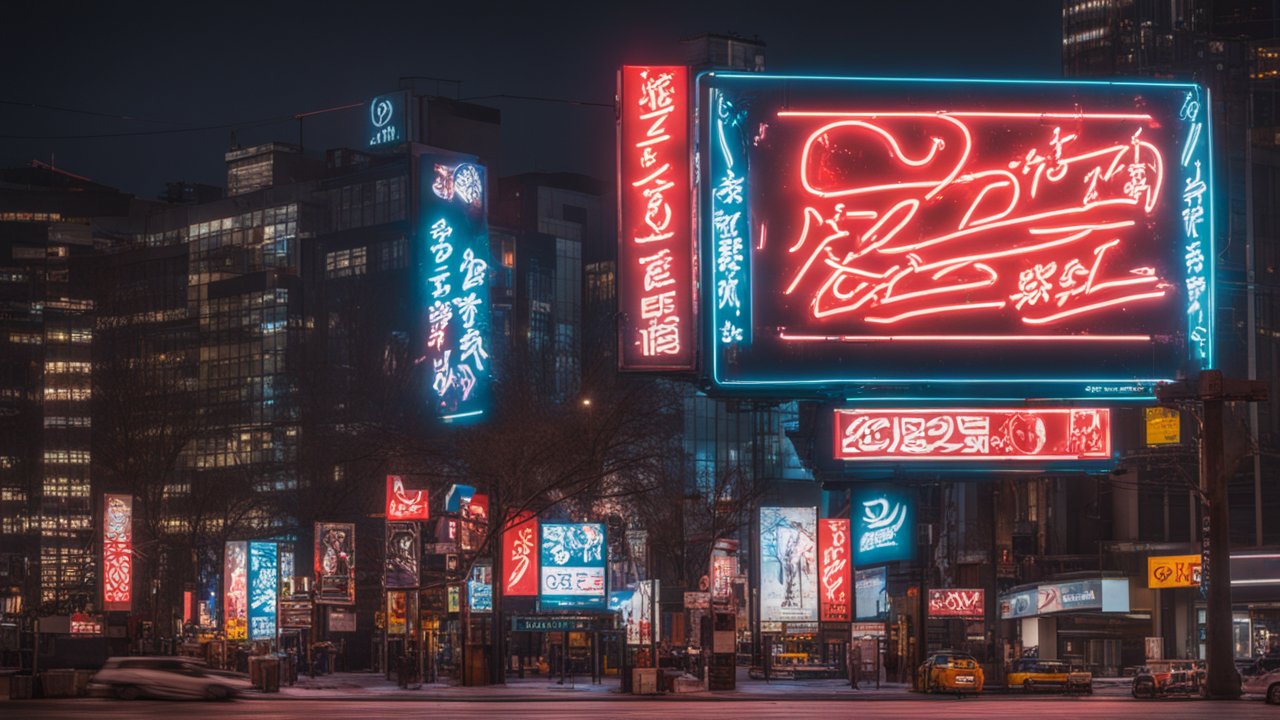 Neon-lit Urban Street with Vibrant Billboards at Night