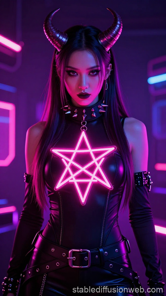 Neon Pentagram Demon Girl with Horns in Futuristic Setting