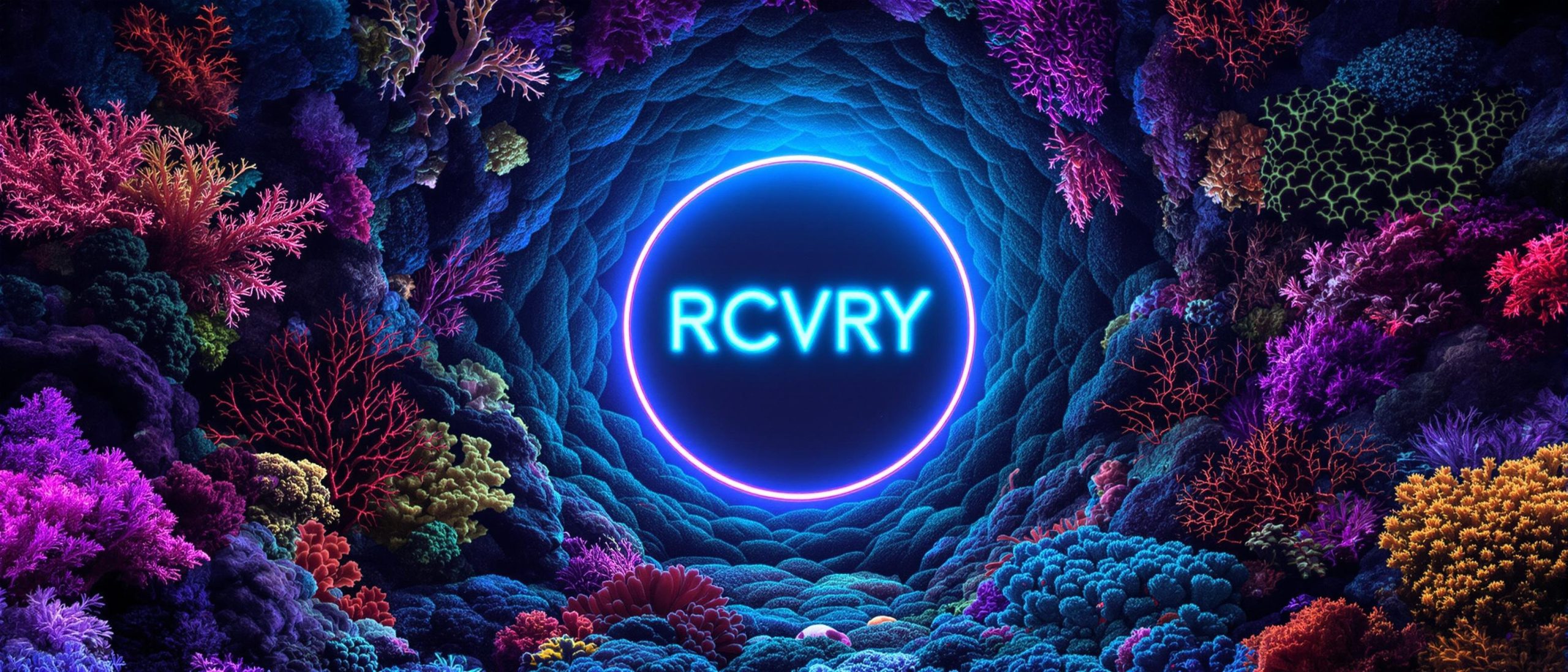 Neon Portal Surrounded by Vibrant Coral Reef