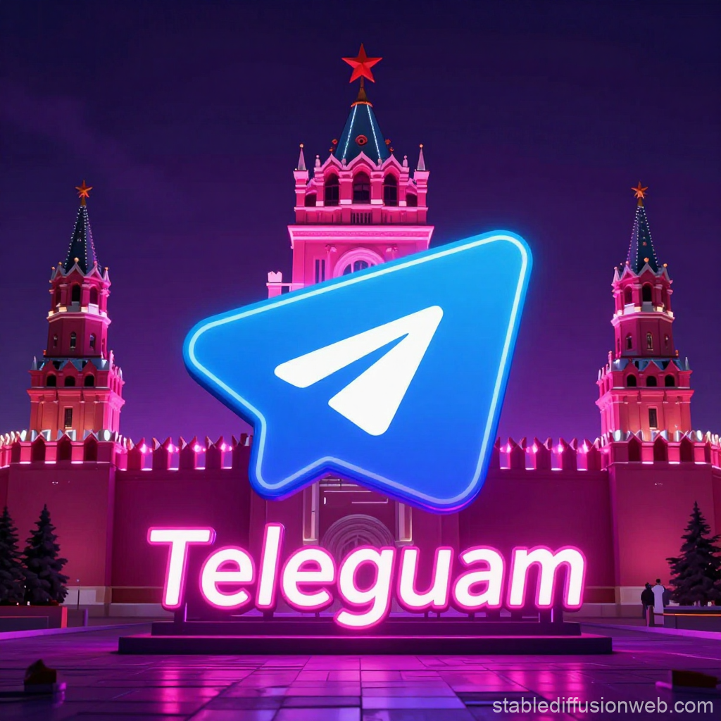 Neon Telegram Logo in Front of Kremlin Palace at Night