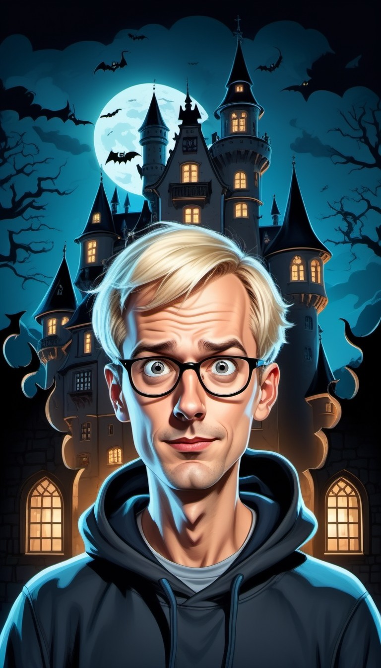Nervous Man in Front of Haunted Castle at Night