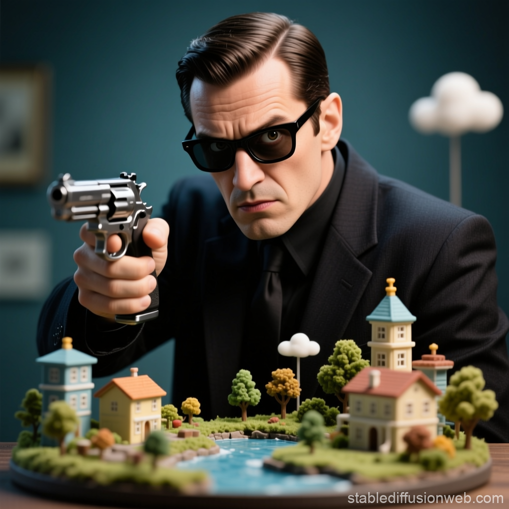 Nervous Spy Pointing Gun at Miniature Village