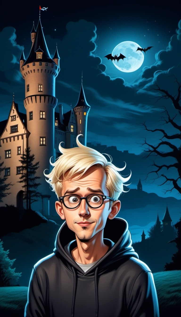 Nervous Young Man in Front of Haunted Castle at Night
