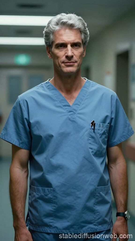 Neurosurgeon in Blue Scrubs in Hospital Corridor