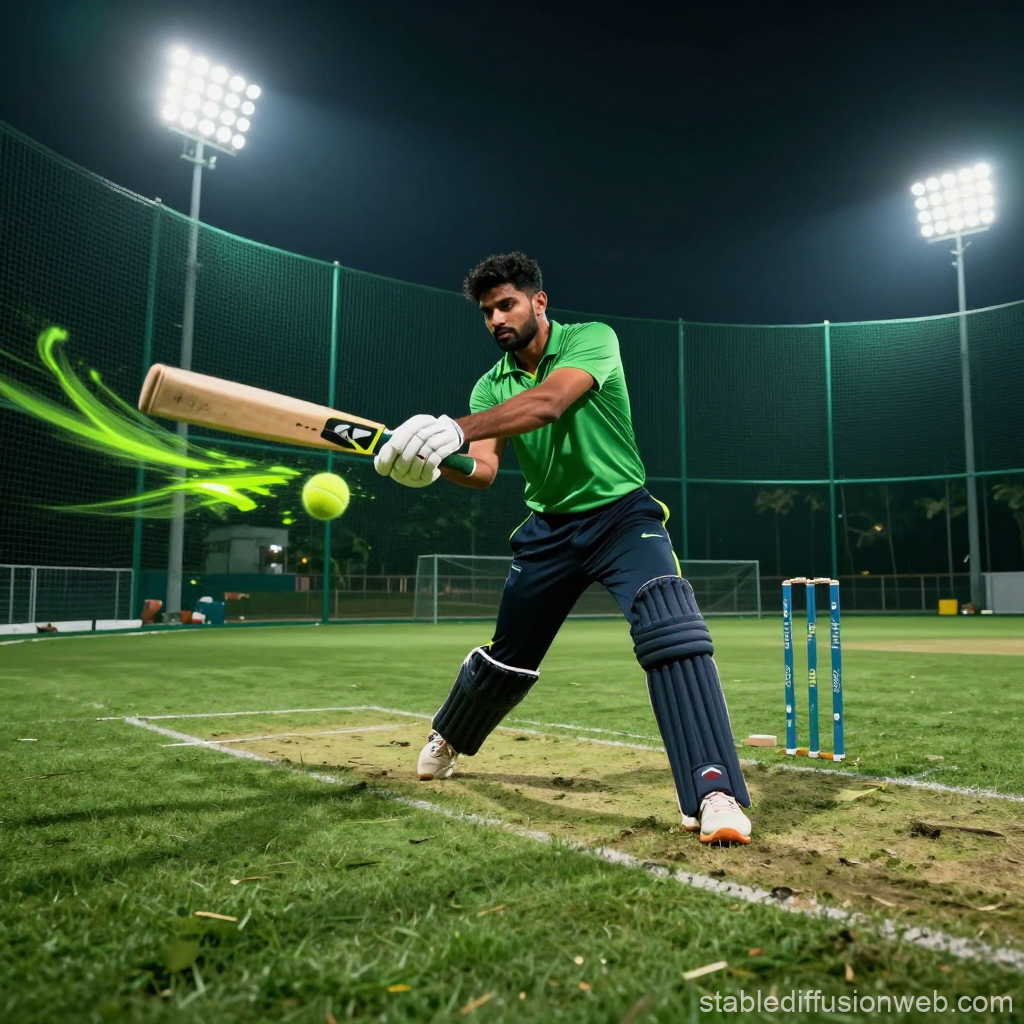 Night Cricket Batting Action with Dynamic Green Effect