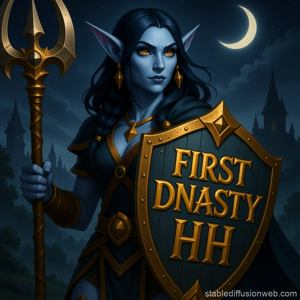 Night Elf Warrior Holding Shield with 'First Dynasty HH' Inscription