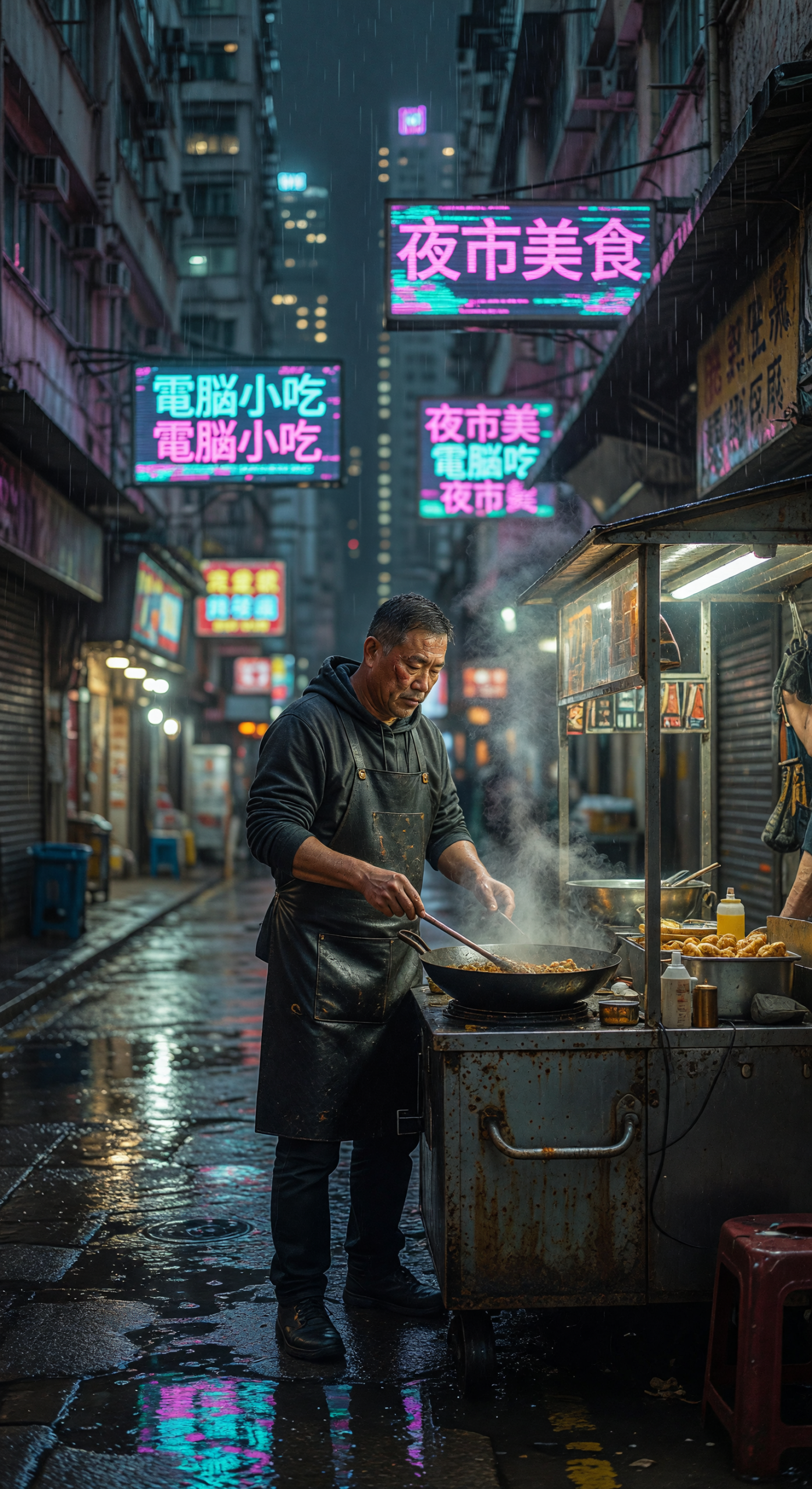 Night Market Vendor Cooking in Neon-Lit Rainy Alley
