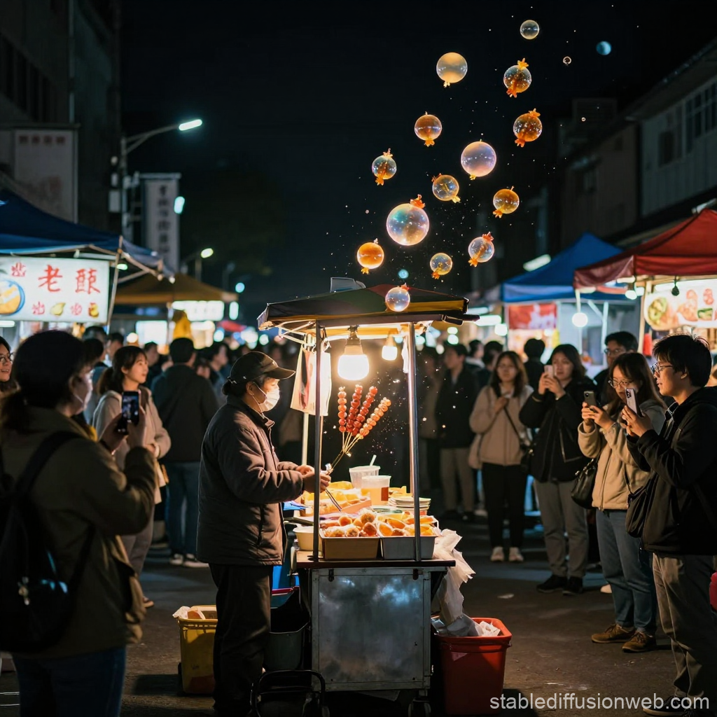 Night Market Vendor Selling Candied Haws with Floating Bubbles