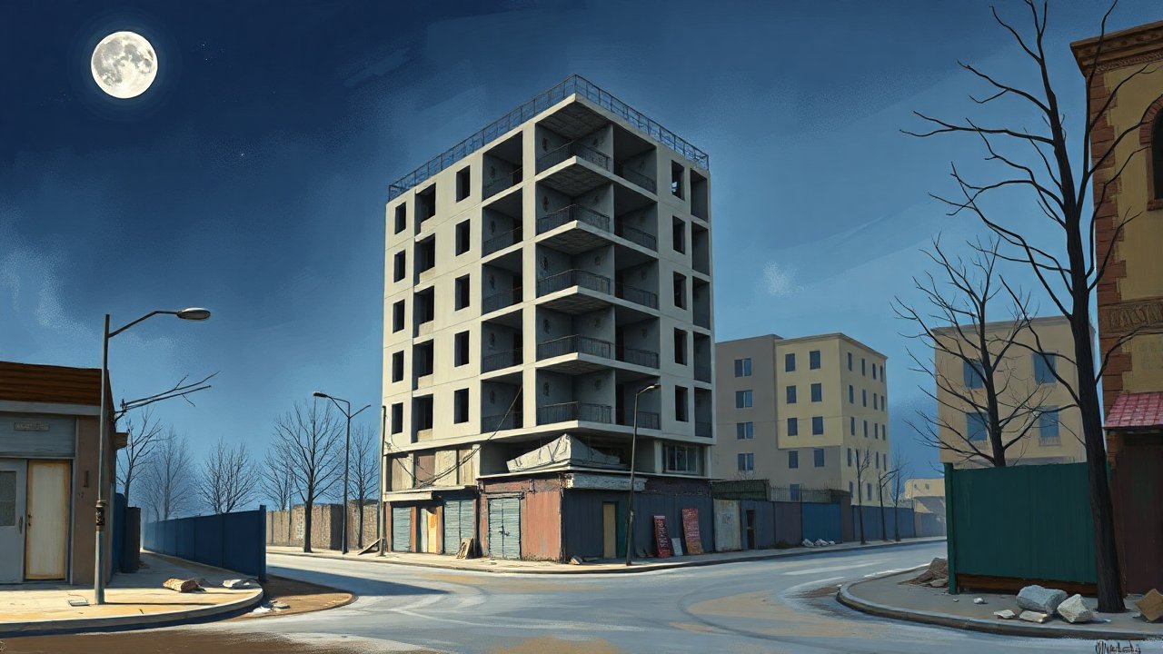 Night Scene of a Half-Finished Abandoned Building