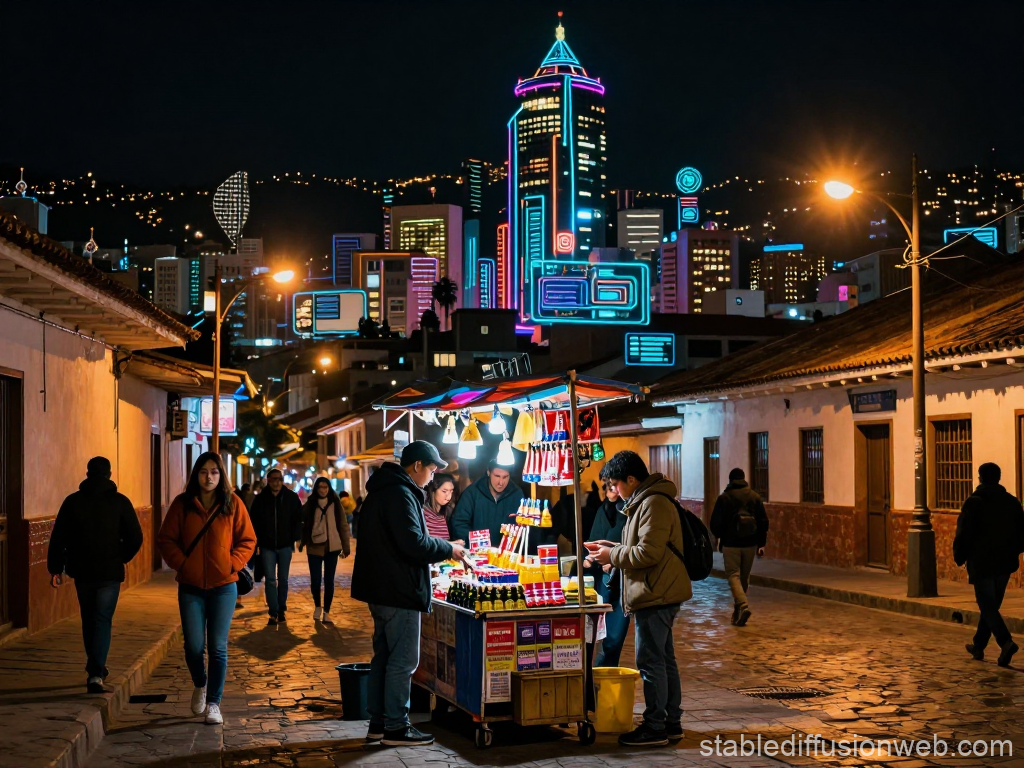 Night Street Market with Neon Cityscape