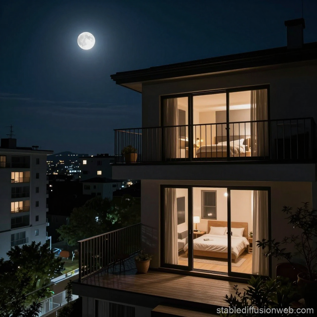 Night View of a Modern Condo Veranda with Full Moon