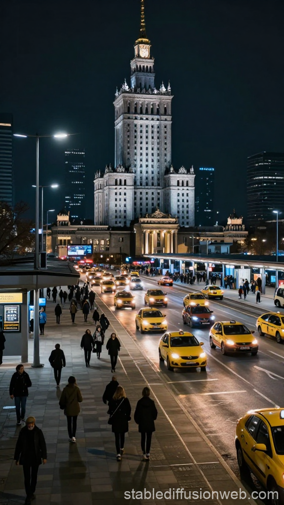 Night View of Warsaw Zachodnia Bus Station with Palace of Culture and Science