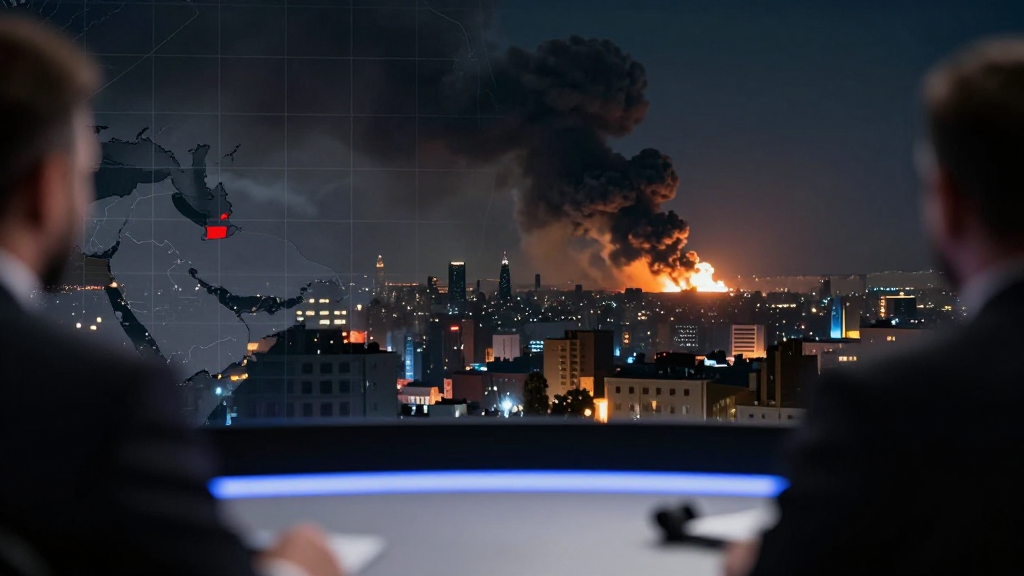 Nighttime City Explosion Viewed from News Studio