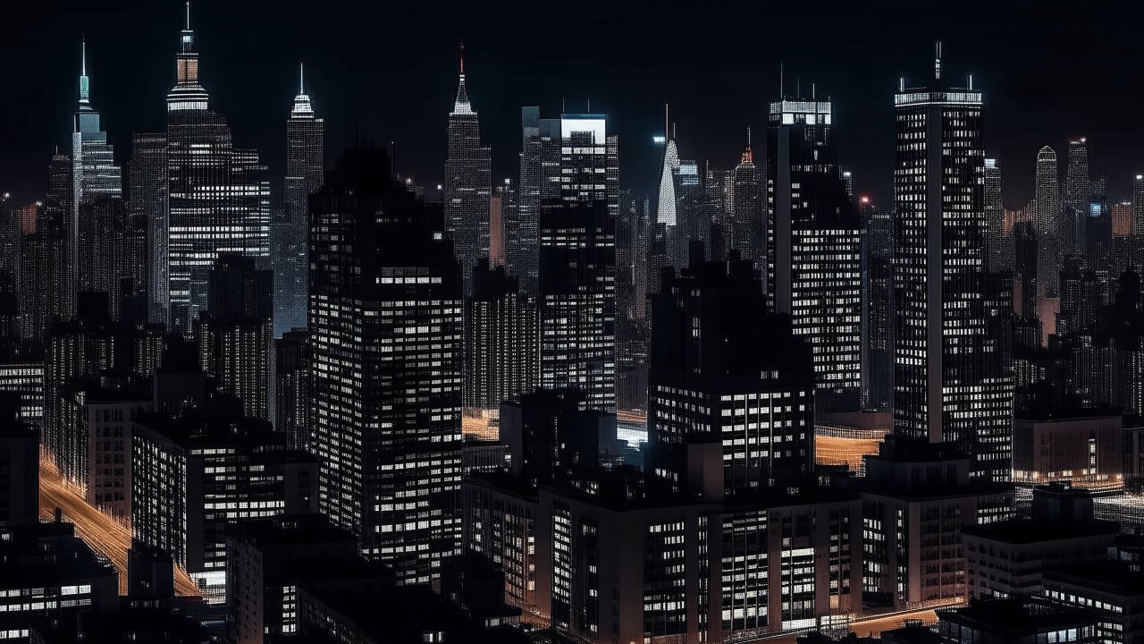 Nighttime City Skyline with Illuminated Skyscrapers