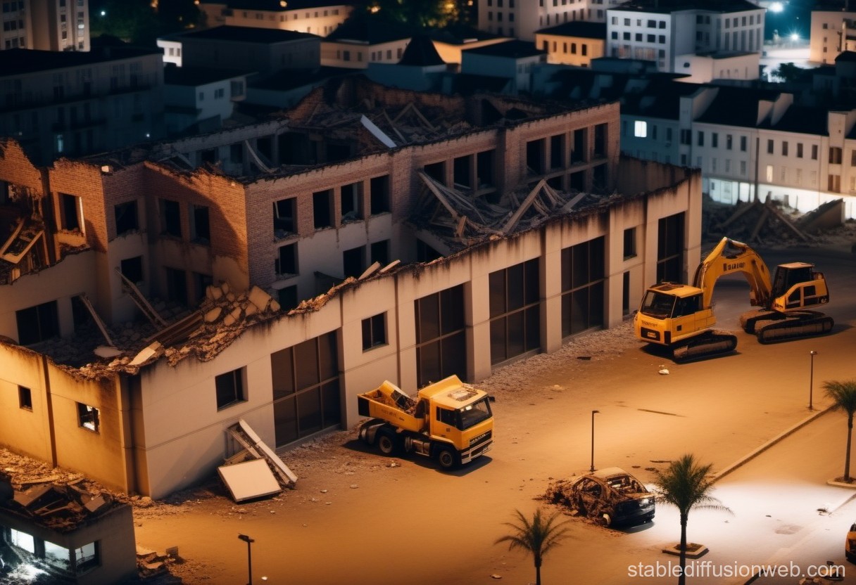 Nighttime Demolition Site with Heavy Machinery