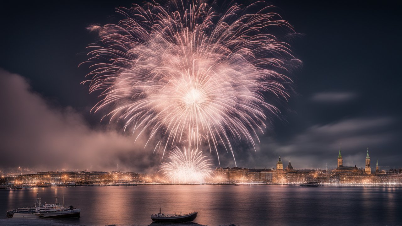 Nighttime Fireworks Over a City Waterfront