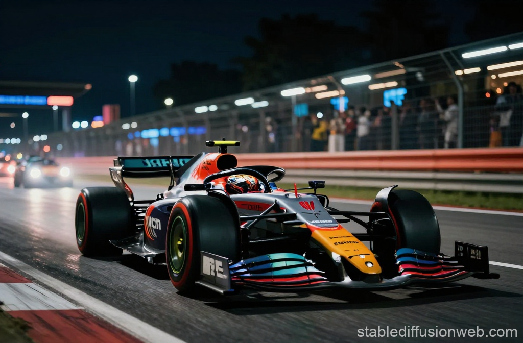 Nighttime Formula 1 Race Car on Track