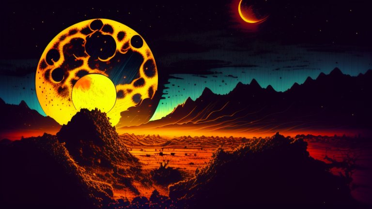 Nighttime Hellscape with Fiery Moons and Jagged Mountains