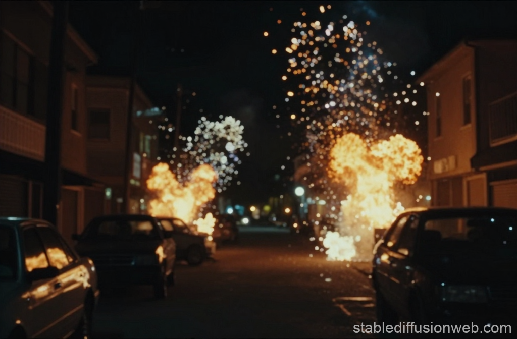 Nighttime Street Explosions with Fire and Sparks