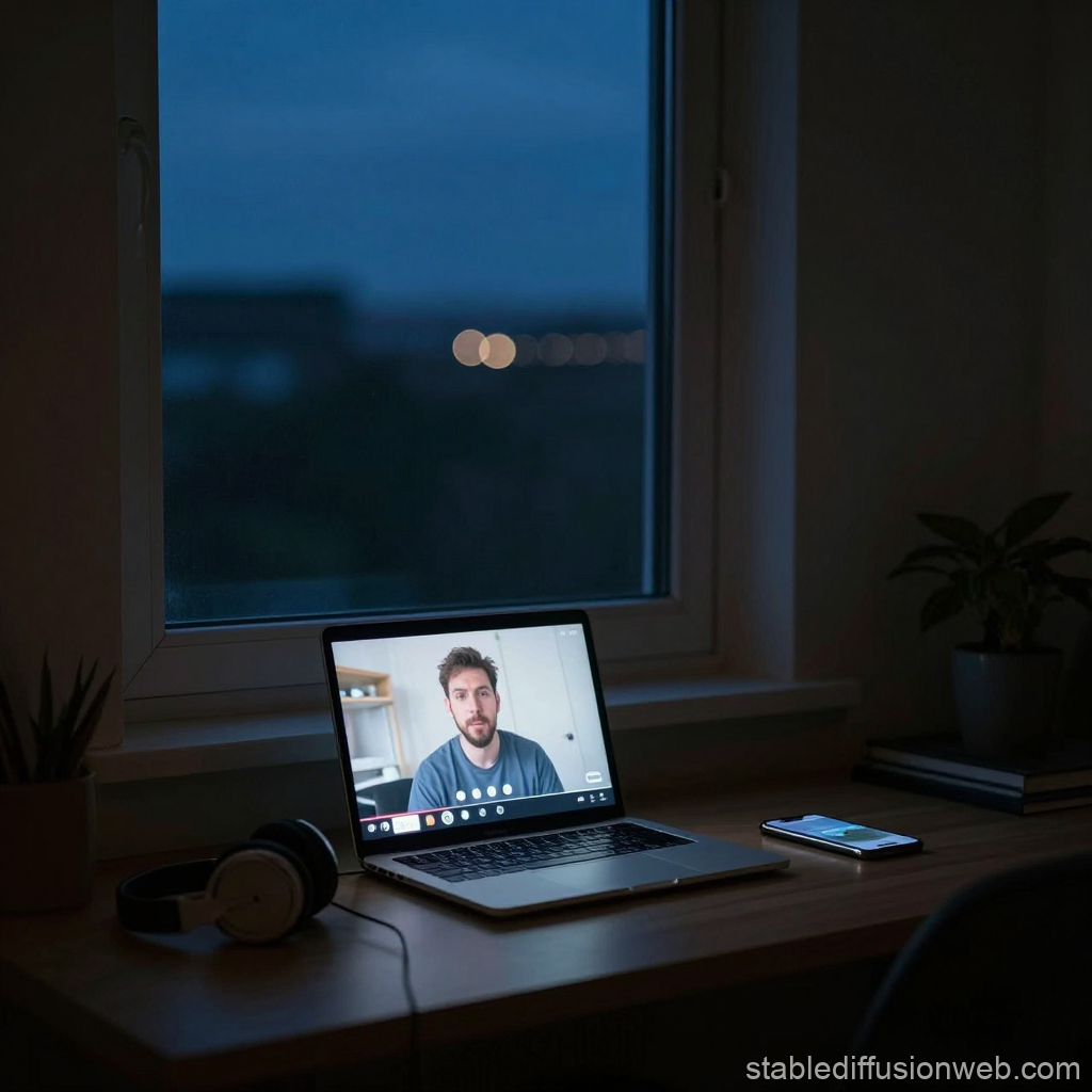 Nighttime Video Call at a Cozy Desk