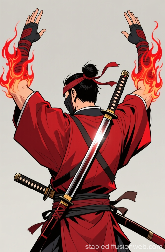 Ninja in Vermilion Costume with Flaming Hands