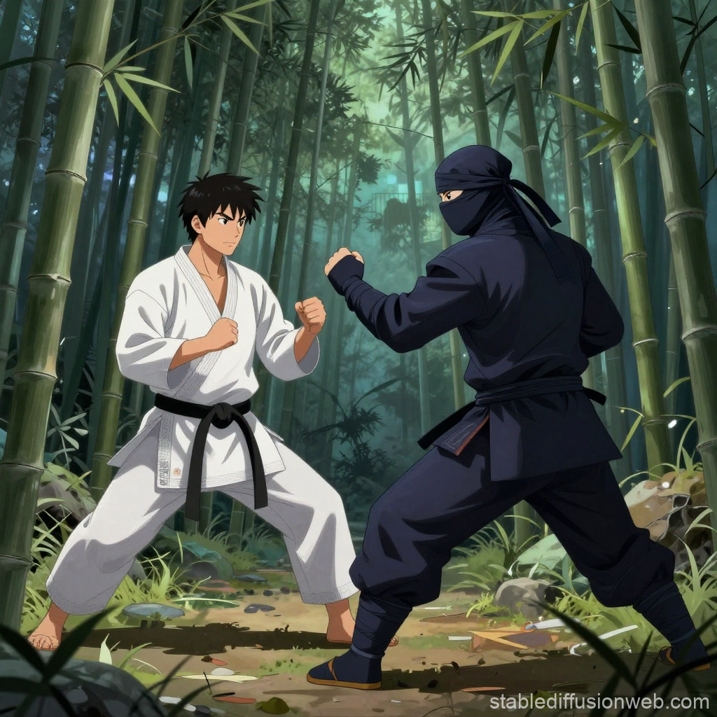 Ninja vs Karateka Duel in Bamboo Forest