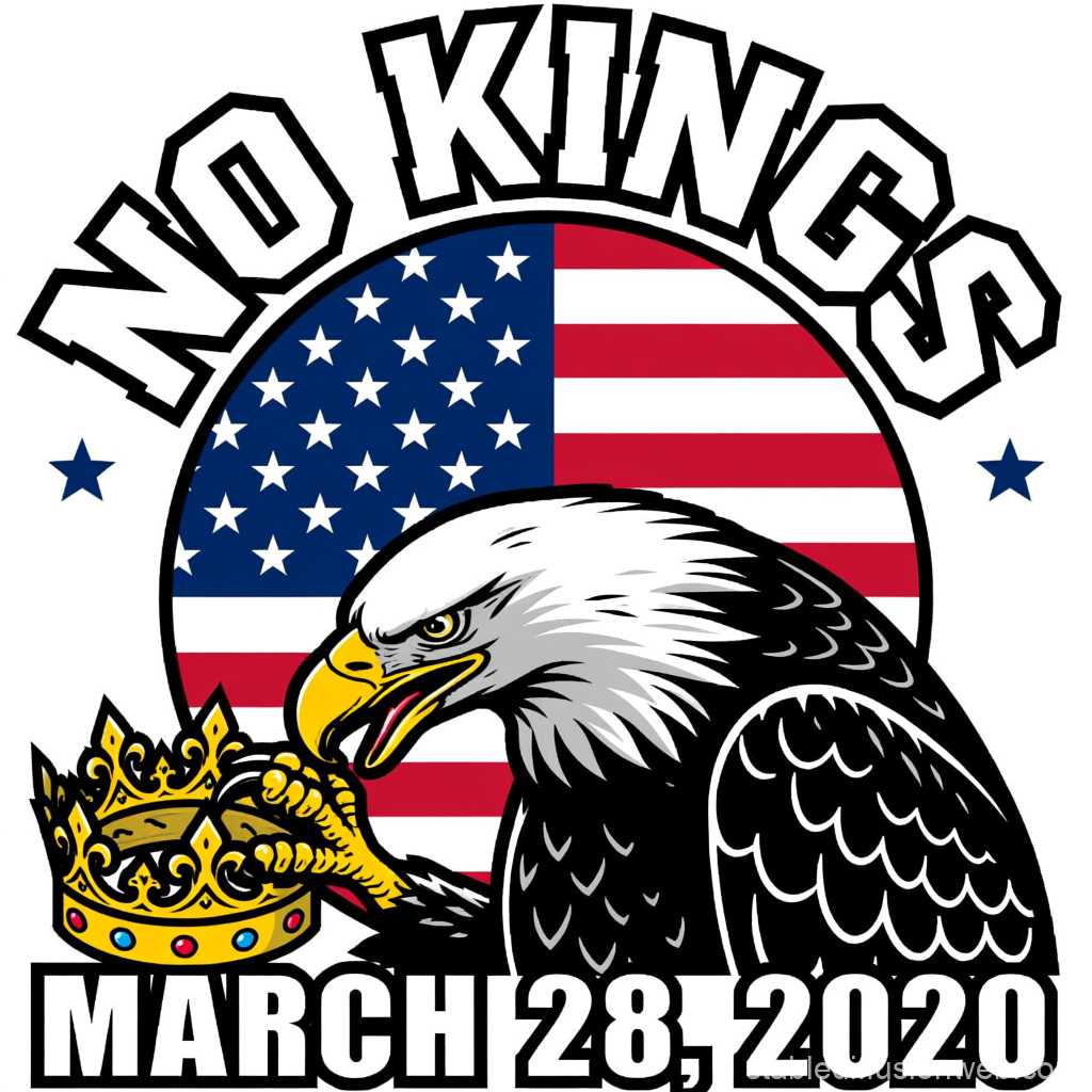 No Kings Eagle Grabbing Crown with American Flag Background