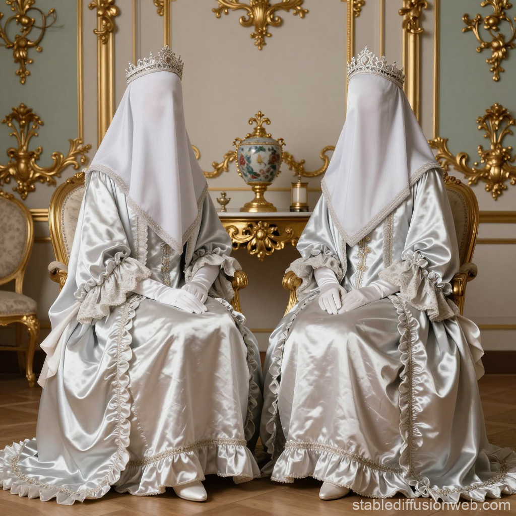 Noble Ladies Veiled in Elegant Silver Gowns with Crowns
