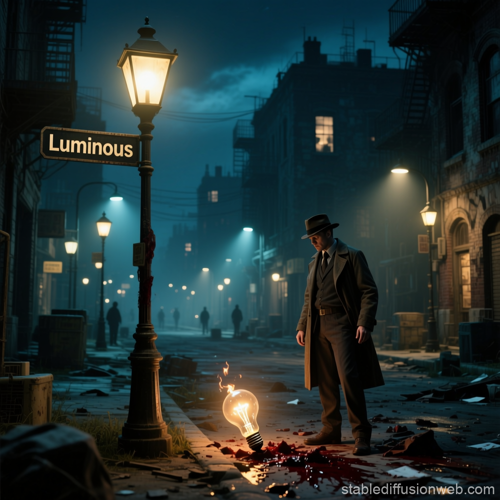Noir Detective and the Fiery Lightbulb on Luminous Street