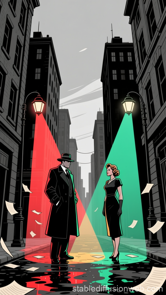 Noir Detective and Woman in Spotlight on City Street