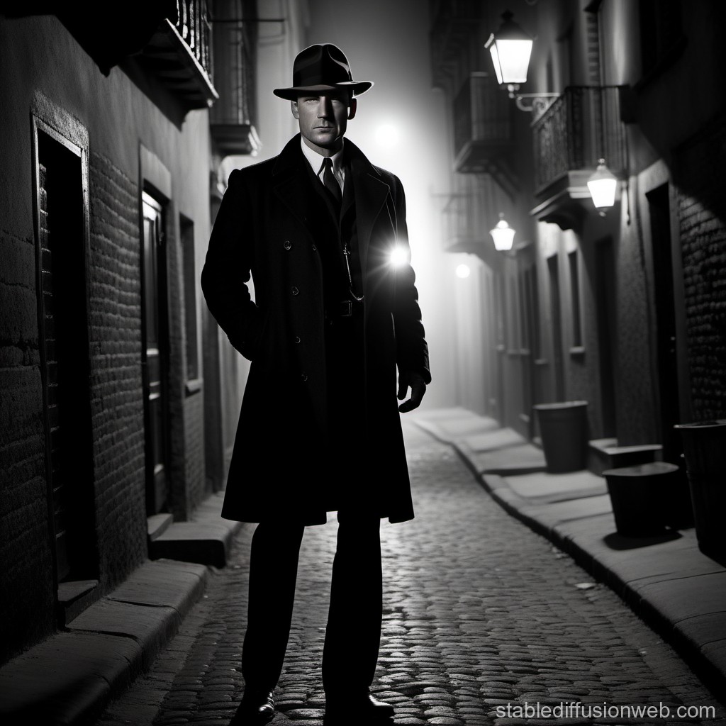 Noir Detective in Foggy Cobblestone Alley