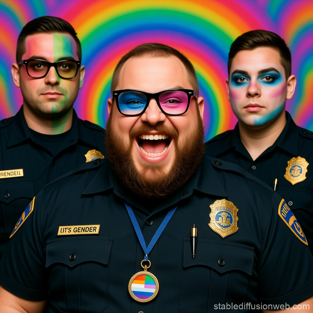 Non-Binary Security Guards with Pride Face Paint and Rainbow Background