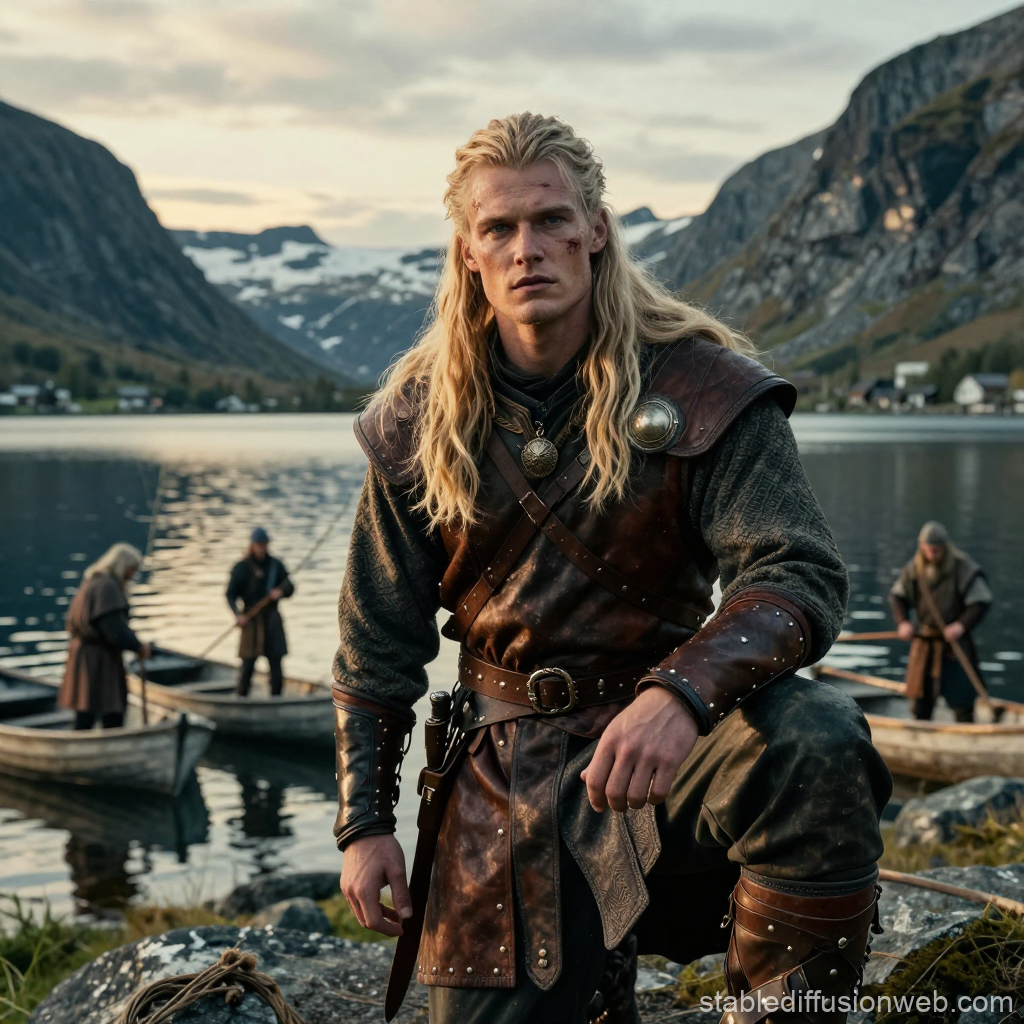 Nordic Warrior by a Mountain Lake