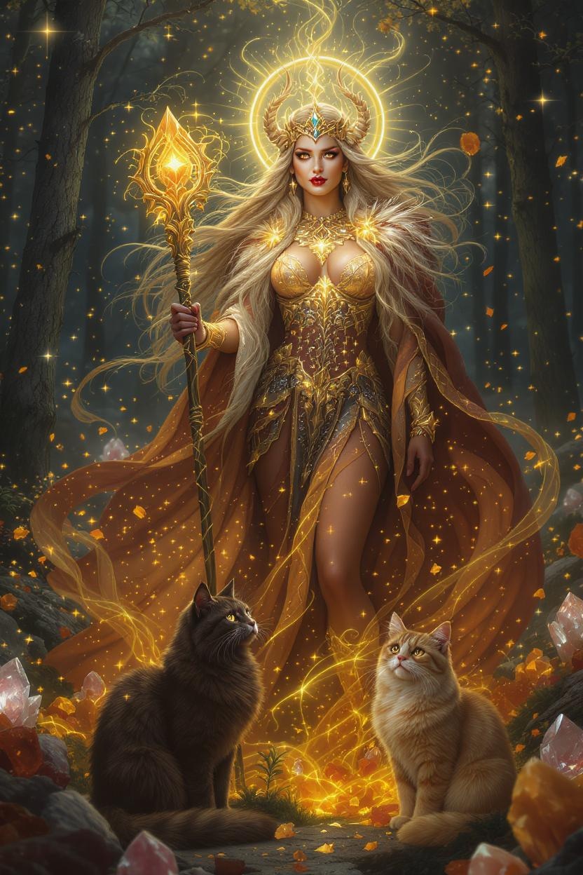 Norse Goddess with Magical Cats in Enchanted Forest