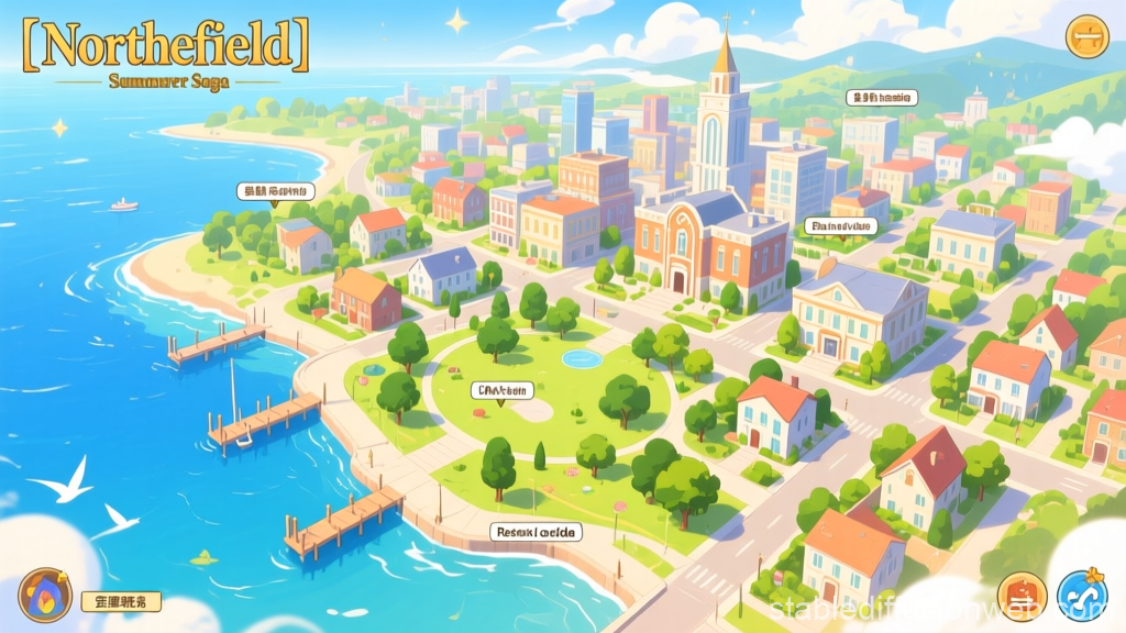 Northefield Summer City Map in Bright Illustration Style