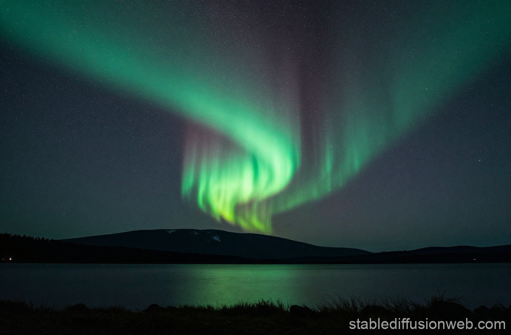 Northern Lights Dancing Over Mountain Lake at Night