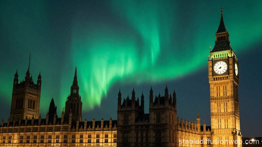Northern Lights Over London’s Big Ben at Night