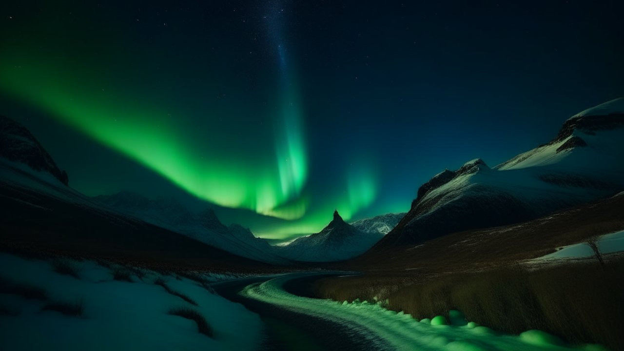 Northern Lights Over Snowy Mountain Valley