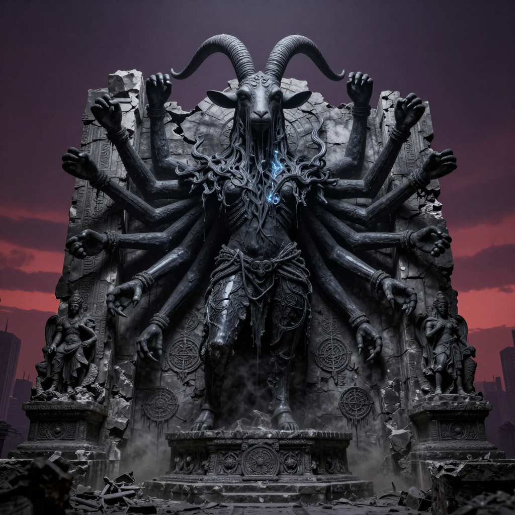 Obsidian Statue of a Multi-Armed Goat Deity in Ruins