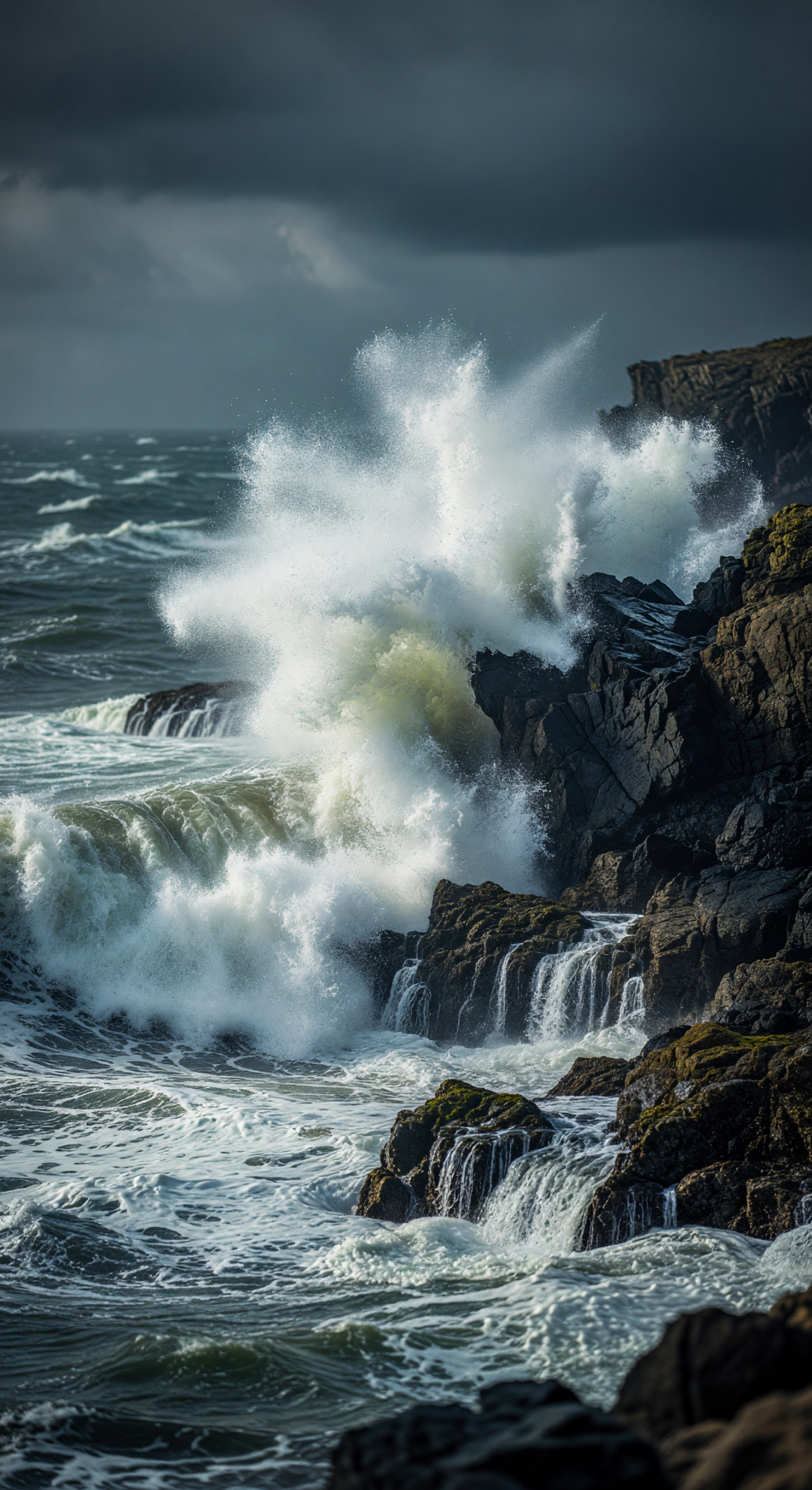 Ocean Waves Crashing Fiercely Against Rocky Cliffs